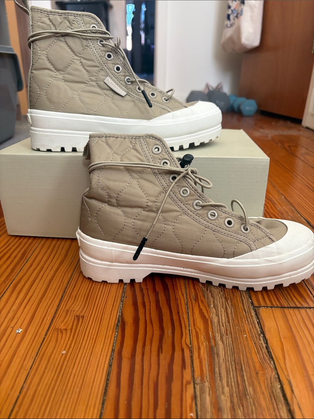 Superga Quilted High-Top Boots in Beige and White